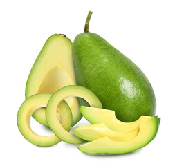 Cut and whole fresh avocados on white background