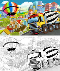 cartoon scene in the city flying plane and car illustration