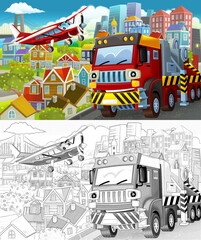 cartoon scene in the city flying plane and car illustration