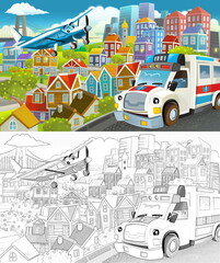 cartoon scene in the city flying plane and car illustration