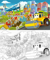 cartoon scene in the city flying plane and car illustration