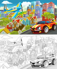 cartoon scene in the city flying plane and car illustration