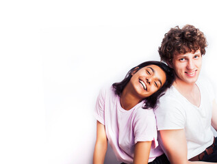 best friends teenage girl and boy together having fun, posing emotional on white background, couple happy smiling, lifestyle people concept, blond and brunette multi nations