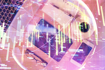 Double exposure of business theme hologram over desktop with phone. Top view. Mobile international trade connection concept.