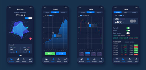Trading candlestick chart on electronic devices vector illustration. Stock exchange market graph, analysis UI, UX, KIT on smartphone. Forex market. Binary option. Flat modern app screen for trading.