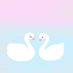 Cute pair of white swans in love on watercolour pastel background. Love, tenderness concept. Beautiful template with empty copy space. Vector illustration.