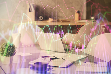 Multi exposure of stock market chart drawing and office interior background. Concept of financial analysis.