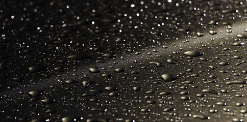 Abstract background of water drops on metalic surface. Side view. Selective focus