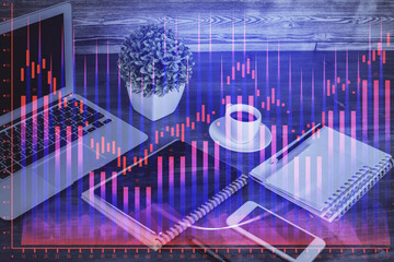 Double exposure of financial graph drawing and cell phone background. Concept of forex trading