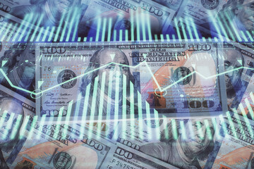 Double exposure of data theme drawing over us dollars bill background. Technology concept.