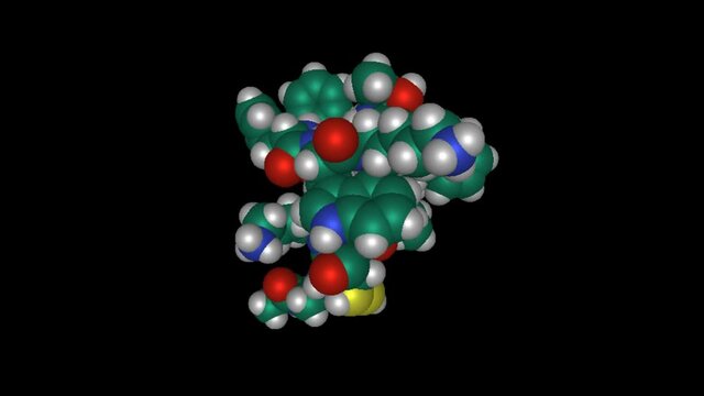 Animated 3D space fill model of human hormone somatostatin-14, black background