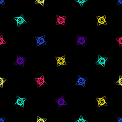 Vector geometric seamless pattern with bright colorful floral shapes, stars, crosses on black background. Funky minimal background. Stylish modern abstract texture. Repeat design for decor, wrapping