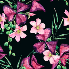 Fototapeta na wymiar Watercolor summer flowers seamless pattern, violet floral texture. Oxalis botanical wallpaper