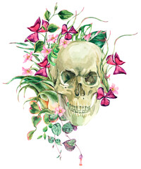 Watercolor floral skull illustration with tropical flowers, creepy flowered skull
