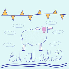 Eid ul adha greeting card with sheep, moon, star and flags, muslim community festival of sacrifice. illustration in style doodle. Islamic holiday.