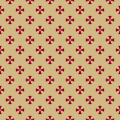 Fototapeta na wymiar Simple minimal seamless pattern. Golden vector abstract geometric floral background. Luxury ornament texture with small simple flowers, crosses. Red and gold. Repeat design for decor, wallpaper, wrap