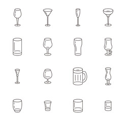 Icon set of different types of glasses for wine, beer and cocktails