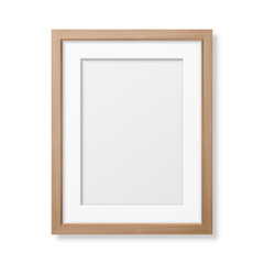 Obraz premium Vector 3d Realistic A4 Brown Wooden Simple Modern Frame Icon Closeup Isolated on White Wall Background with Window Light. It can be used for presentations. Design Template for Mockup, Front View