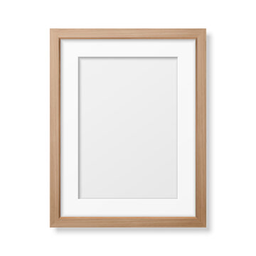 Vector 3d Realistic A4 Brown Wooden Simple Modern Frame Icon Closeup Isolated on White Wall Background with Window Light. It can be used for presentations. Design Template for Mockup, Front View