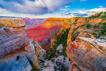 Panoramic image of the colorful Sunset on the Grand Canyon in Grand Canyon National Park from the...