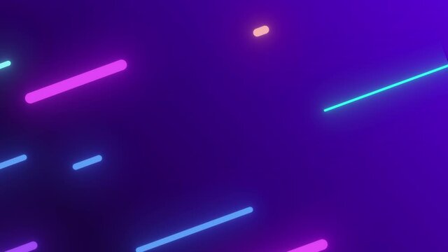 Abstract 2D animation background of glowing diagonal lines streaming across the screen. Deep blues and vibrant purples and pinks. 