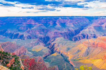 Panoramic image of the colorful Sunset on the Grand Canyon in Grand Canyon National Park from the...