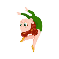 vector icon of a cheerful cute athletic gymnast girl sitting on a twine, exercise in rhythmic gymnastics competitions, sticker for print and for website, acrobatic athlete rhythmic gymnastics, olympic