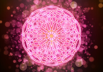 mandala, pink kaleidoscope on particle background