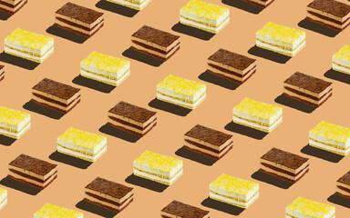 Trendy seamless food pattern - layered sponge cakes on a pastel background, minimal food isometric concept texture.