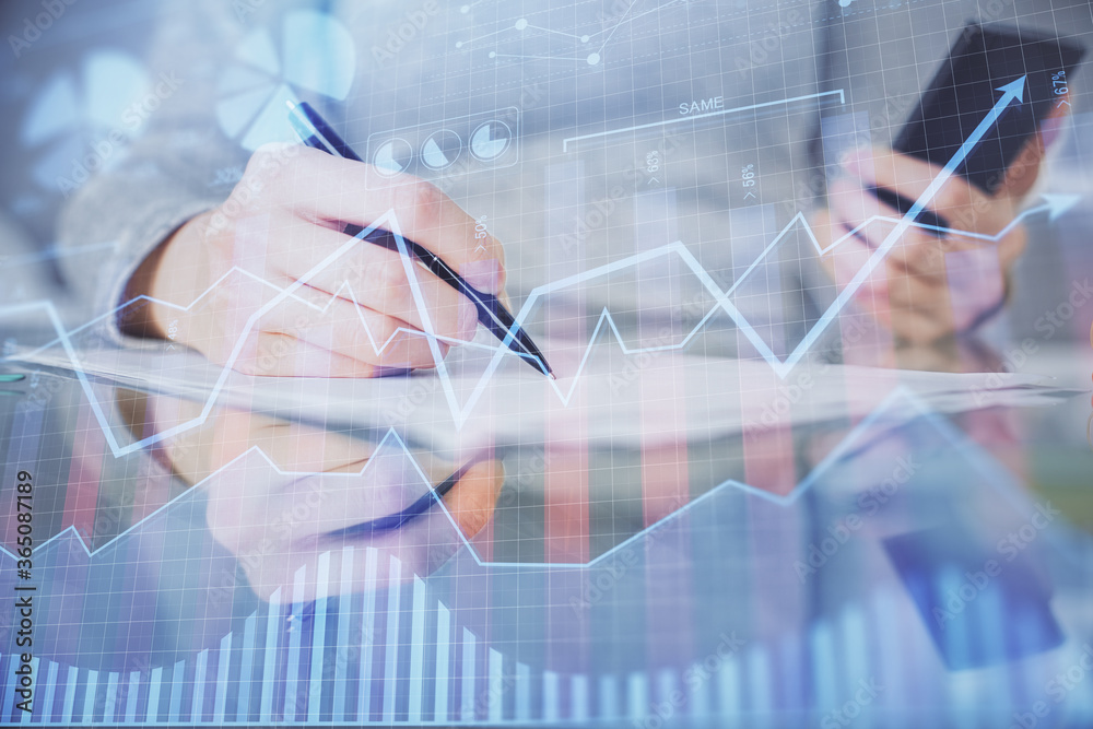 Poster double exposure of forex chart sketch hologram and woman holding and using a mobile device. financia