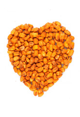 Organic Salted roasted corn in heart symbol isolated on white background