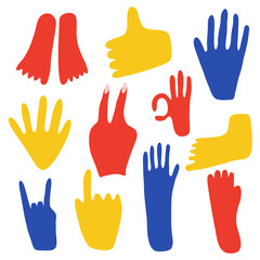 Fototapeta premium Big set with abstract hands and legs in different poses. Hand drawn shapes. Doodle elements. Contemporary color various objects. Trendy modern cartoon vector illustration isolated on white