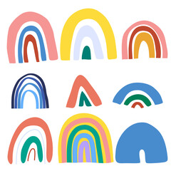 Set of abstract doodle rainbows. Hand drawing fantastic colorful rainbow in kids drawing style. Childish scandinavian trendy vector illustration. Modern flat cartoon collection isolated on white