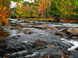 The river rapid in a public park with autumn leaf color.