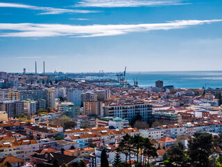 Panoramic View of Setubal City, in Portugal. Industrial region near Lisbon. Sado River in the background
