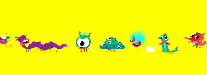 Illustrations of cute, pretty monster characters.  Mascot for companies. Abstract creature. Characters isolated on a yellow background. Baby cartoon pets or mutants. Freaks.