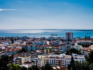 Panoramic View of Setubal City, in Portugal. Industrial region near Lisbon. Sado River in the background