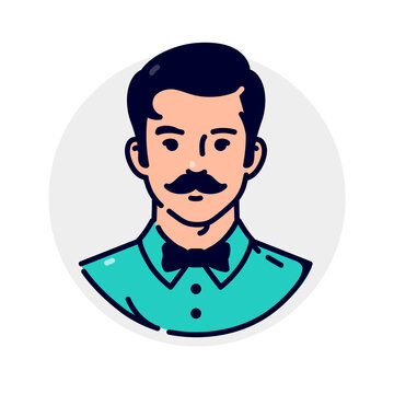 Illustration of a stylish hipster.  Avatar of a man in a bow-tie and with a stylish mustache. Mascot for companies. The image of a client for a barber shop or men's hairdresser. Very cool character.