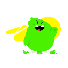 Illustration of a green kawaii monster.  Cute cartoon baby dragon. Toy rubber mascot for the company. Character for animation. Emotion of a cheerful, friendly monster.