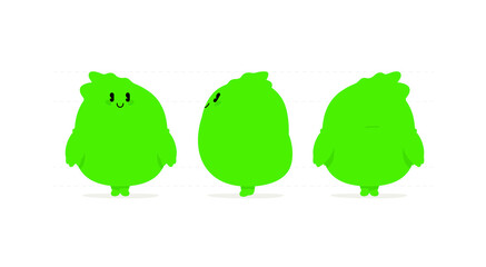 Illustration of a green kawaii monster.  Cute cartoon baby dragon. Toy rubber mascot for the company. Character for animation. The emotions of a kind, friendly monster.