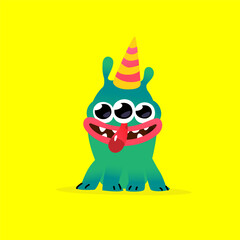 Illustration of a cute, lovely monster character.  Mascot for the company. Abstract creature. Character is isolated on a yellow background. Children's cartoon three-eyed pet or mutant.