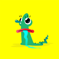 Illustration of a cute, lovely monster character.  Mascot for the company. Abstract creature. Character is isolated on a yellow background. Children's cartoon image, lively drawing of a monster.