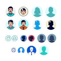 Illustrations and icons of male and female avatars. Set of logos and badges. Silhouettes for a profile in a circle. Flat contour style. Hipsters in a butterfly. Teenager boy. Mascot for companies.