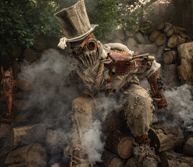 Futuristic character cyborg stalker. Art Photography in steampunk style.