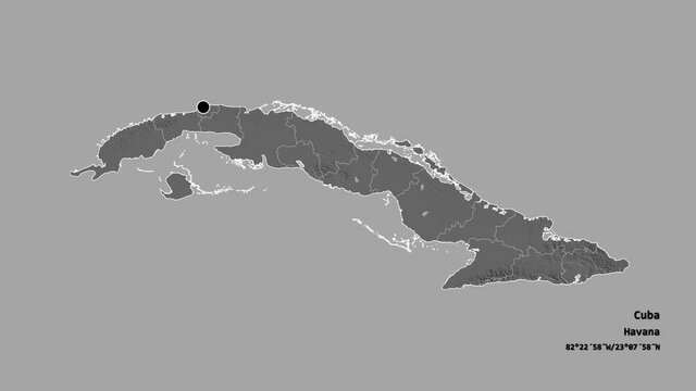 Granma, province of Cuba, with its capital, localized, outlined and zoomed with informative overlays on a bilevel map in the Stereographic projection. Animation 3D