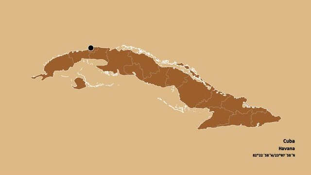 Granma, province of Cuba, with its capital, localized, outlined and zoomed with informative overlays on a solid patterned map in the Stereographic projection. Animation 3D