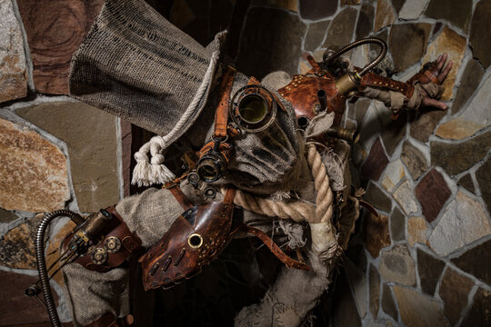 Futuristic character cyborg stalker. Art Photography in steampunk style.
