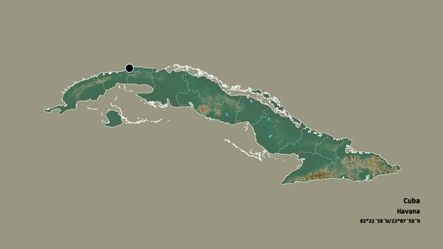 Granma, province of Cuba, with its capital, localized, outlined and zoomed with informative overlays on a relief map in the Stereographic projection. Animation 3D