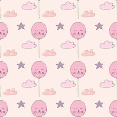 Watercolor seamless pattern with balloons and stars