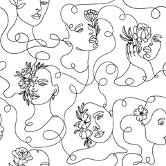 Tapeten Eine Linie Eine Strichzeichnung abstraktes Gesicht nahtloses Muster. Moderne Minimalismuskunst, ästhetische Kontur. Kontinuierlicher Hintergrund mit Frauen- und Manngesichtern. Vektorgruppe von Menschen